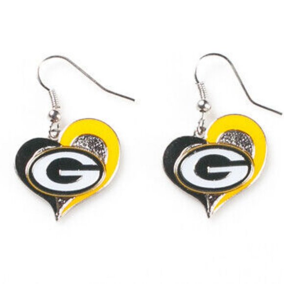 *New Green Bay Packers NFL Silver Swirl Heart Dangle Earrings‎ Non Allergenic - Picture 1 of 1
